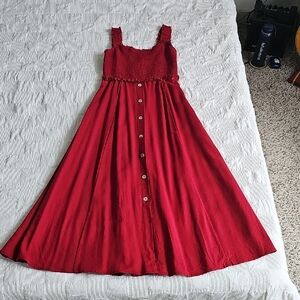 Blu Pepper Red Smocked Button-Front Maxi Dress for Women